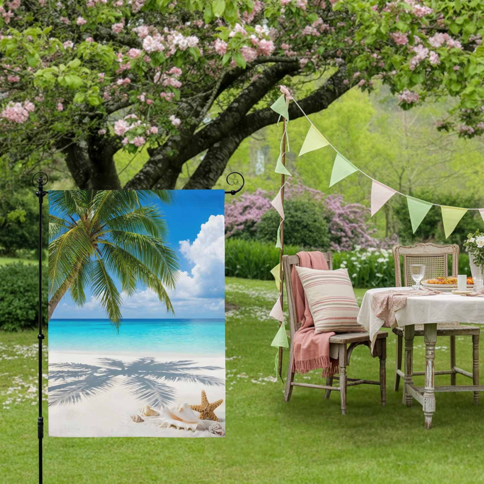 Coastal Beach House Flag 28 x 40 Inches, Starfish Palm Tree Sky Tropical Weather Proof Outdoor Patio Flags Double Sided Small House Decoration for Yard Lawn Outside Home