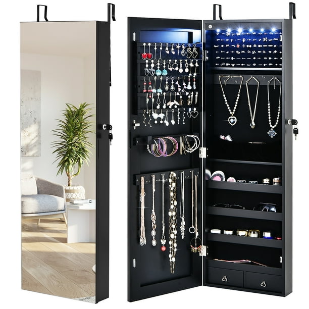 Wall/Door Mounted Jewelry Full Screen Mirror Armoire Organizer w/ 6 LEDs