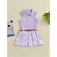 thumbnail image 6 of Elippeo Toddler Girl Summer Outfit 6 12 18 24 Months 3 4 Years Solid Color Ribbed Sleeveless Tank Tops and Daisy Print Pleated Skirts with Belt 2Pcs Clothes Set, 6 of 10