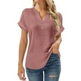 thumbnail image 2 of Cotton Blouses for Women,Womens Loose Casual V-Neck Top Short Sleeve Solid Color Slub Cotton Linen Button Down Fashion Breathable Blouse Pink 5Xl, 2 of 5