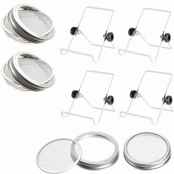 SDOTXA 4pcs 316 Stainless Steel Sprouting Lids and 4pcs Adjustable Stainless Steel Supports for Wide Mouth Mason Jars - Ideal for Growing Sprouts Broccoli Seeds Alfalfa and Salads - Du
