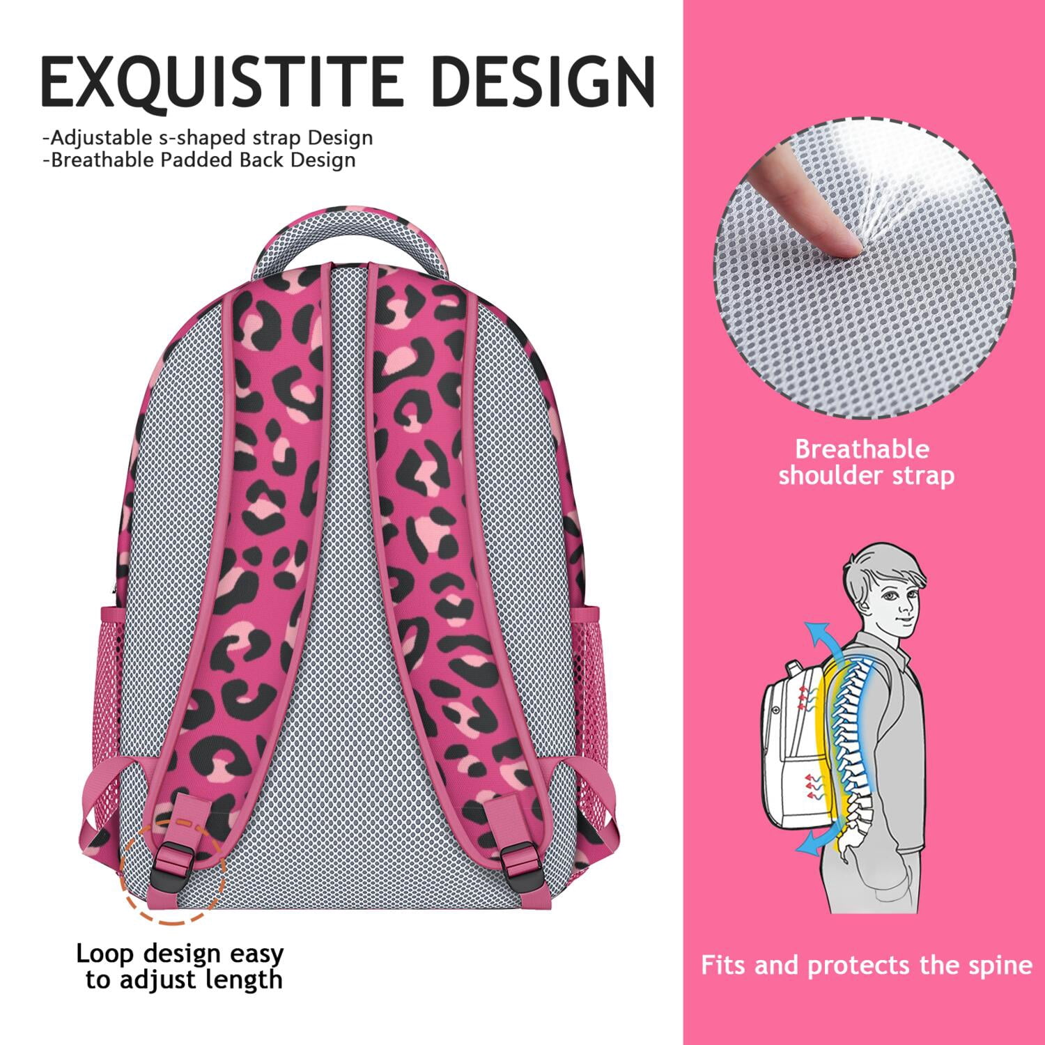 Leopard Print Backpack for School,Cute School Bag,Schoolbag with Adjustable Shoulder Straps & Padded Back,15.3"x11"x6.7"
