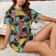 thumbnail image 4 of Fotbe Angry Shark Pattern Conjunto de Pijama Estampado para Mujer, 2 Piezas, Ropa de Dormir con Camiseta de Manga Corta y Shorts Suaves-Medium, 4 of 6