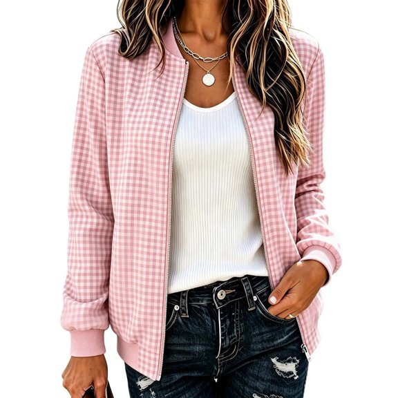 Guluxicc Women's Plaid Bomber Jackets Full Zipper Ribbed Cuffs Hem Long Sleeve Casual Jackets for Everyday Fall Winter