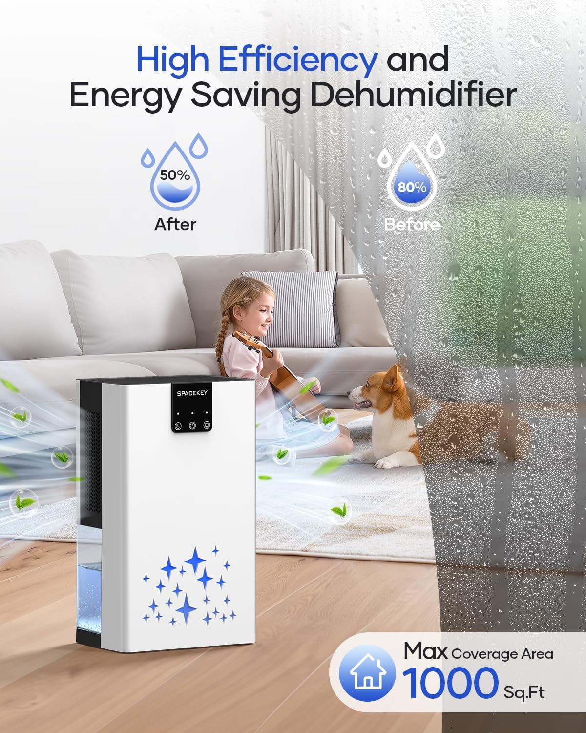 Dehumidifier, 95 OZ Water Tank Dehumidifiers for Home, 1000 sq. ft. Dehumidifier Basement Bathroom Bedroom with Auto Shut Off, 7 Colors LED Light, Quiet Sleep Mode, White