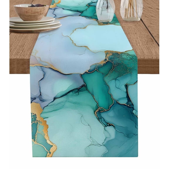 Ldtrchee Teal Marble Table Runner 36 Inches, Abstract Luxury Ink Painting Modern Bed Runner Dresser Scarves Tabletop for Indoor Outdoor Parties/Ceremony/Banquet, 13"x 36"