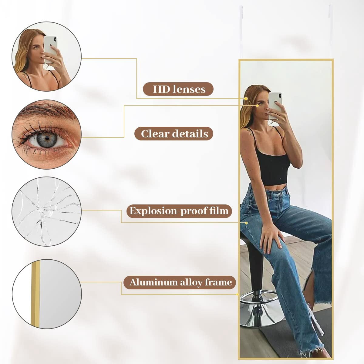 AnyRose Full Length Mirror 16" x 50" Aluminum Alloy Over The Door Mirror Large Hanging Mirrors Wall Mounted,Gold