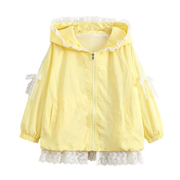 YunPes Girls Hooded Jacket Ruffle Lace Trim Zip-Up Windbreaker Coat Mesh Inner Lightweight Cozy Fall Cute Outerwear for Kids