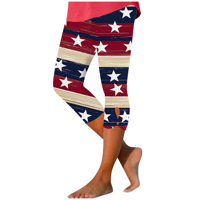 Pantalones de Pijama Capri para las Mujeres Día de la Independencia Impreso Leggings, 3/4 Longitud Pantalones Capris Cintura Elástica Alta, Poliéster Desgaste Casual