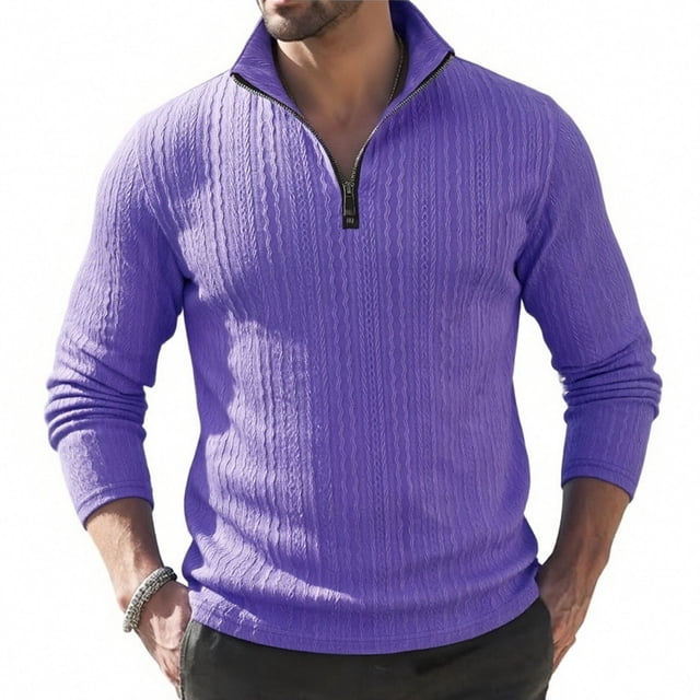 Ceisia Men's Textured Solid Color Stand Collar Half Zip Long Sleeve Pullover Breathable Casual Athletic Top Purple M Gifts