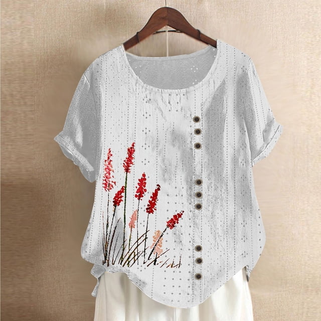 Shorts pour Femmes, Blouses pour Femmes, Mode Féminine Imprimée Confortable Ample Manches Courtes Blouse Boutonnée Col Rond Décontracté