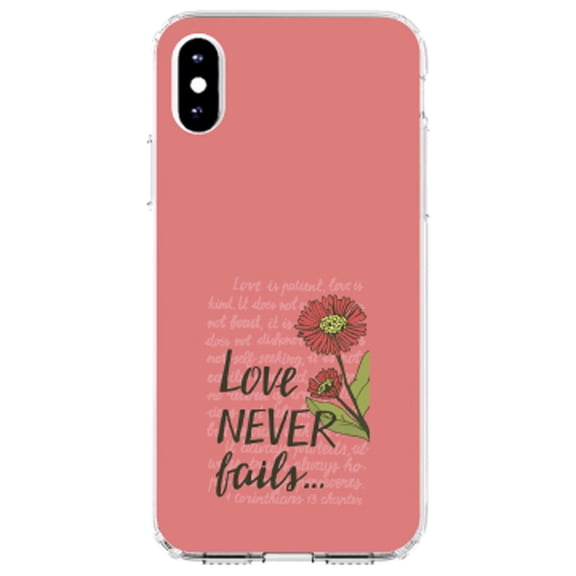 DistinctInk Clear Shockproof Hybrid Case for iPhone XS Max (6.5" Screen) - TPU Bumper, Acrylic Back, Tempered Glass Screen Protector - 1 Corinthians 13 - Love Never Fails - Flower