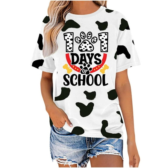 QQAMB 101 Days of School Shirt for Women Dalmatian Dog Print Short Sleeve Crewneck T-shirt School Days Tee Tops White S