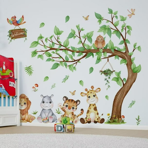Animals Wall Decals Cute Safari Wall Stickers Bear Fox Owl Wall Decals Jungle Theme Wallpaper DIY Art Mural Decor for Nursery Classroom Playroom Bedroom
