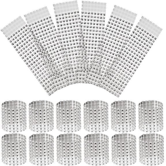 HOMEMAXS Crystal Napkin Rings for Party Use Silver Plastic Serviette Holders 8 Row Rhinestone Design 60 Pieces