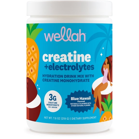 Wellah Creatine   Electrolytes Powder (Blue Hawaii) 30 Servings - Hydration Drink Mix with 3g of Creatine Monohydrate