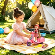 DEGIDEGI Doll & Pink Motor Scooter Playset, Cute Fashion Doll with Ride-On Toy, Hair Accessories & Pet Theme for Girls and Boys Ages 3+