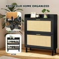 thumbnail image 4 of Finnhomy Extended Shoe Cabinet with Natural Rattan Flip Drawers for Entryway, Free Standing 2 Tier Slim Shoe Organizer with Large Top Board, Shoe Cabinet with 3-Gear Adjustable Width Drawers, Black, 4 of 16
