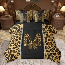 Feelyou Bowknot Monogrammed M Twin Bedding Sets 7-Piece for Girl, Leopard Cheetah Print Bedding Comforter Set, Modern Fashion Style Reversible Sheet Sets, Ultra Soft Bedroom Decor