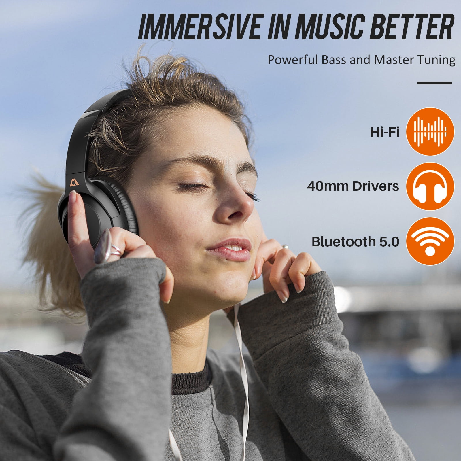Ankbit E500Pro Noise Cancelling Headphones, Wireless Bluetooth Over Ear Headphones, 60 Hrs Playtime Hi-Fi Stereo Built-in Mic, for Home/Office/Travel/TV - Black