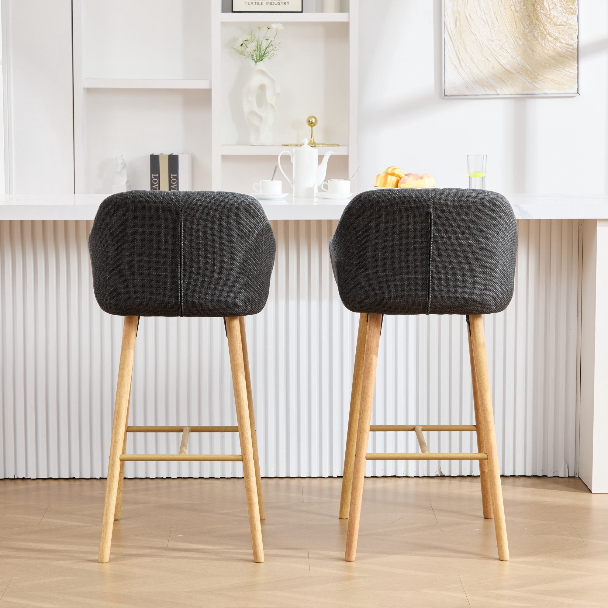 Sailvan Set of 2 Modern Bar Stools,Linen Upholstered Kitchen Island Chairs with Back & Arms,Solid Wood Legs Tall Counter Stools Black