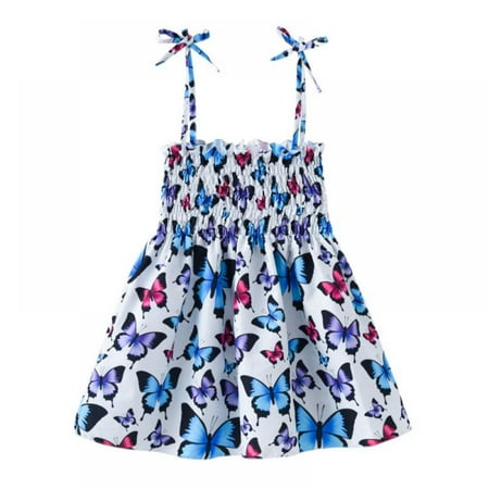 

SILVERCELL Girl s Cute Flower Print Sleeveless Boho Dress Knot Shoulder Shirred Short Dresses 1-6 Years