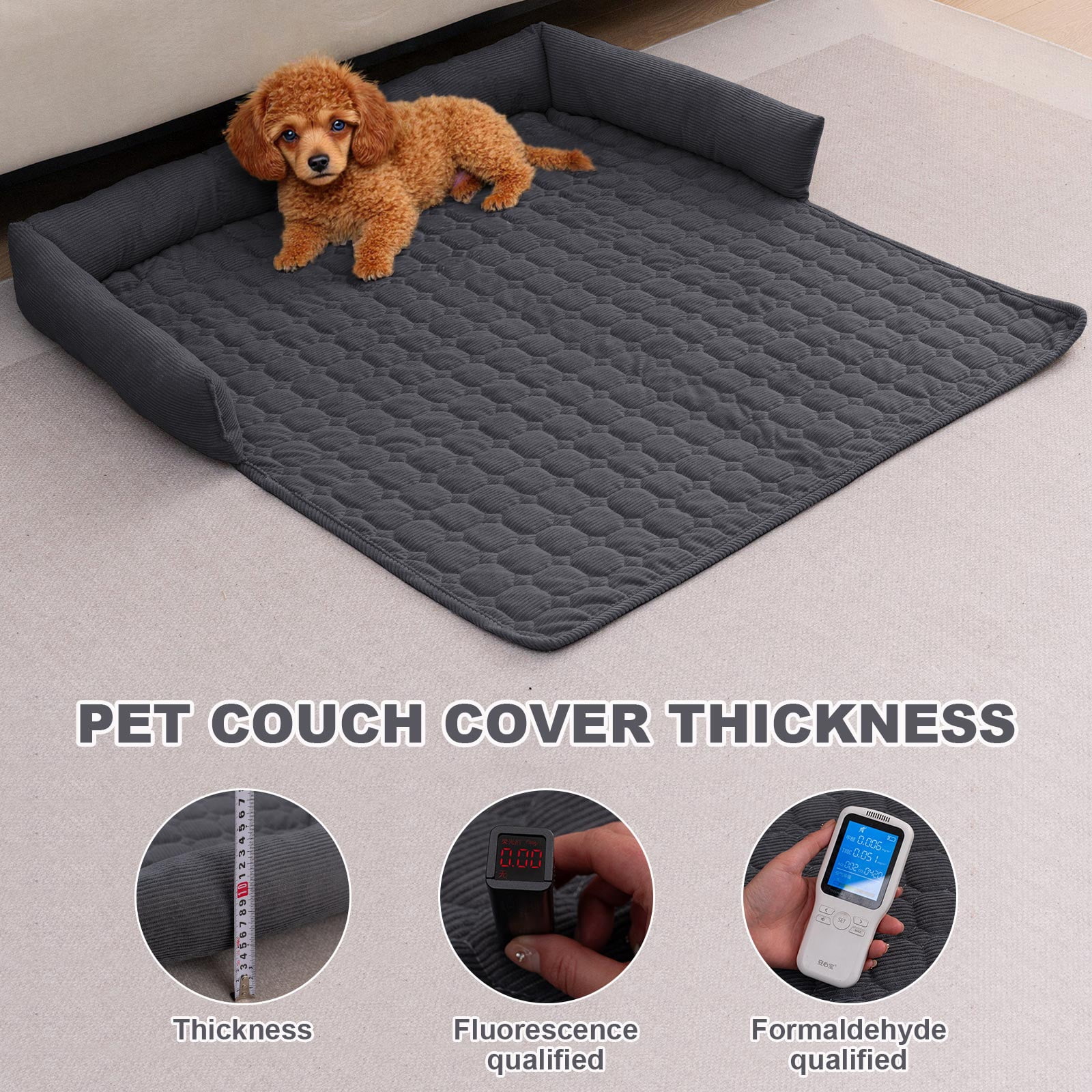 Eurhowing Dog Couch Cover 36"x36", Corduroy Dog Bed Mat for Couch with 3 Side Dog Pillow, Washable Sofa Cover Pet Furniture Protector for Dogs&Cats, Dark Gray