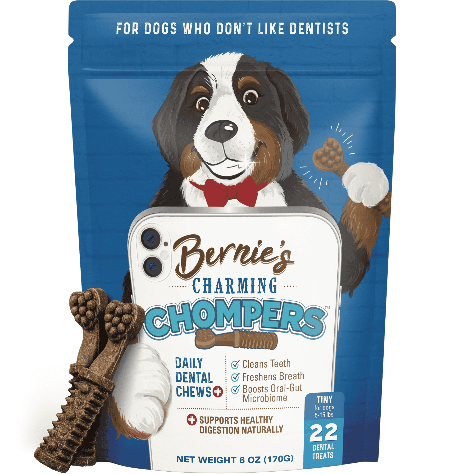 Bernie's Charming Chompers - Daily Dental Chews for Dogs 5-15 Lbs. - 22 Count - Cleans Teeth, Freshens Breath, + Boosts Oral-Gut Microbiome. Easy to Digest, Supports Healthy Digestion Naturally