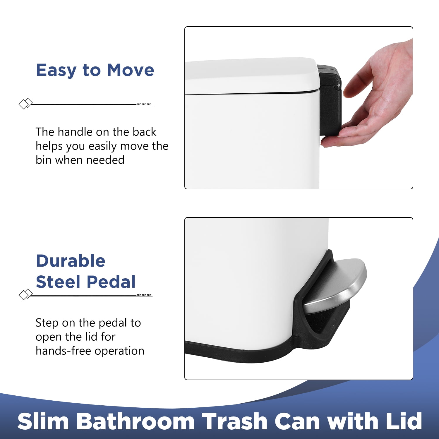 BestOffice 1.3 Gallon Plastic Step Trash Can with Removable Bucket Slim for Indoor, 2 Pack(White)
