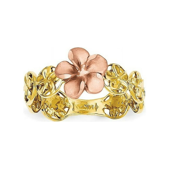 14k Yellow & Rose Gold Diamond-cut Plumeria Flower Ring Size -7