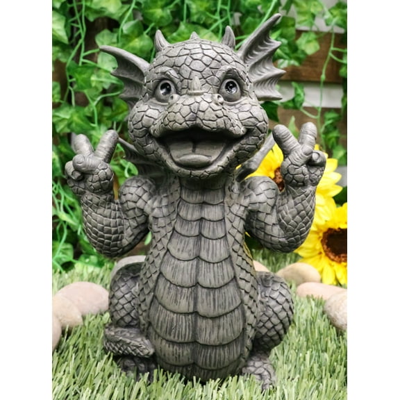Ebros Whimsical Garden Dragon with Hippie Peace Sign Gesture Statue 10.5" Tall