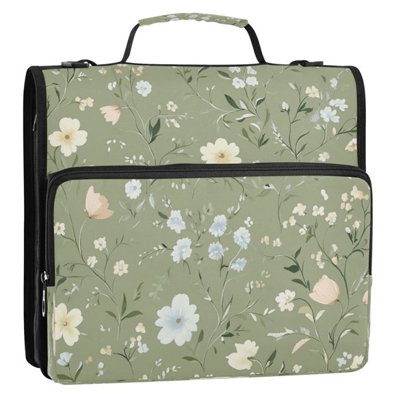 Circular Folder Package 13.6*3.5*12.4 Inches ,Binder Bag，Binder Organizer，Zipper Binder，3 Ring Binder ,Suitable for Work Green White Flower