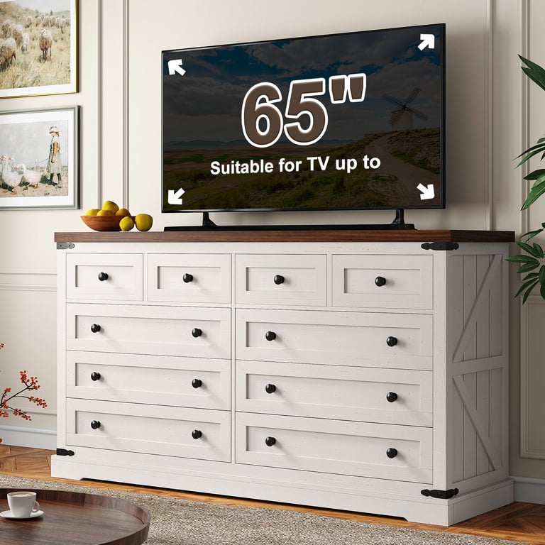 White Dresser for Bedroom with 10 Drawers Farmhouse Wood Dresser with Smooth Metal Rail,Antique White