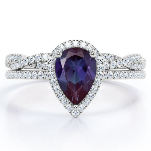 JeenMata Halo Pave Design - 1.5 Carat Teardrop Lab Created Alexandrite and Moissanite - Infinity Twisted Shank Wedding Ring Set - 18K White Gold Plating over Silver