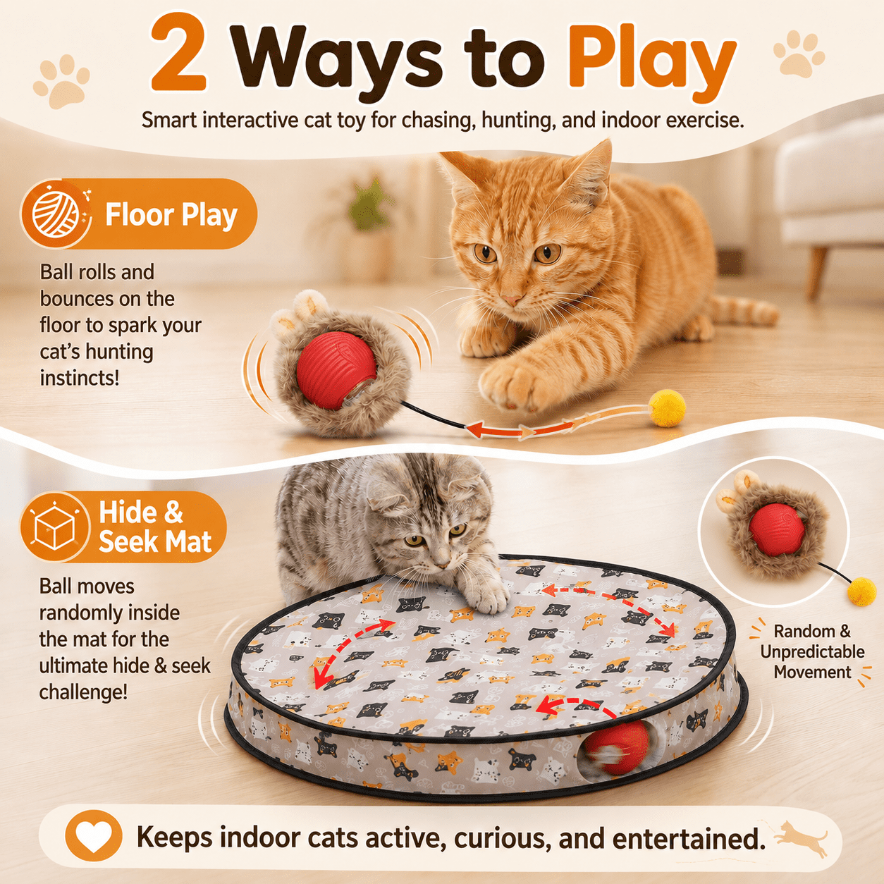 Meowball Mat, Interactive Cat Toy Fast Rolling Ball in Pouch Motion Activated Chirping for Indoor