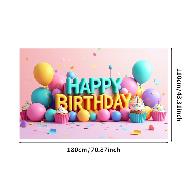 Colorful Happy Birthday Banner with Balloons Cupcakes and Cakes Decors Background Backdrop for Birthday Party Photography Props Celebrations Decorations