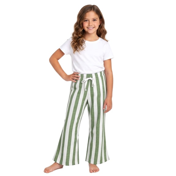 BOOMNY Girls Cotton Linen Pants Wide Leg Pants for Girl Trendy Striped Elastic Waist Casual Pant With Pocket