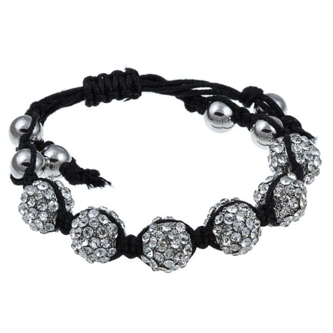 Pave Crystal Beaded Macrame Adjustable Bracelet in Silvertone