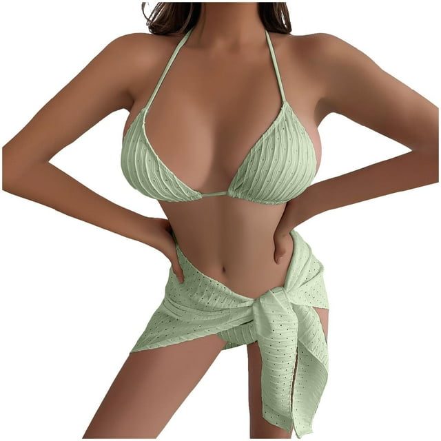 Wancir Swimsuits for Women 2025 - Women's Solid Color Sexy Bikini Backless Drawstring Strap Split Swimsuit Three Piece Set