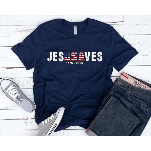 Teeso Jesus Saves Patriotic T-Shirt – America 250th Anniversary, Navy S