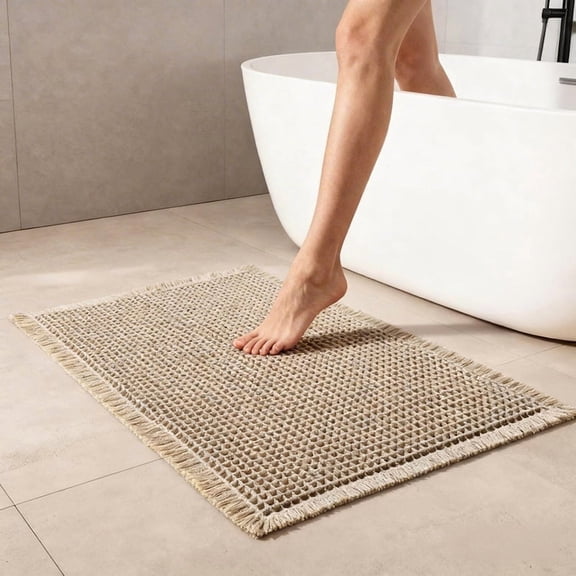 MudFree Waffle Bathroom Rugs,Super Absorbent Bath Mat for Tub Non Slip,Machine Washable Bath Rugs with Tassel Fringe,Bathroom Floor Mat for Shower, Beige 18" x 30"