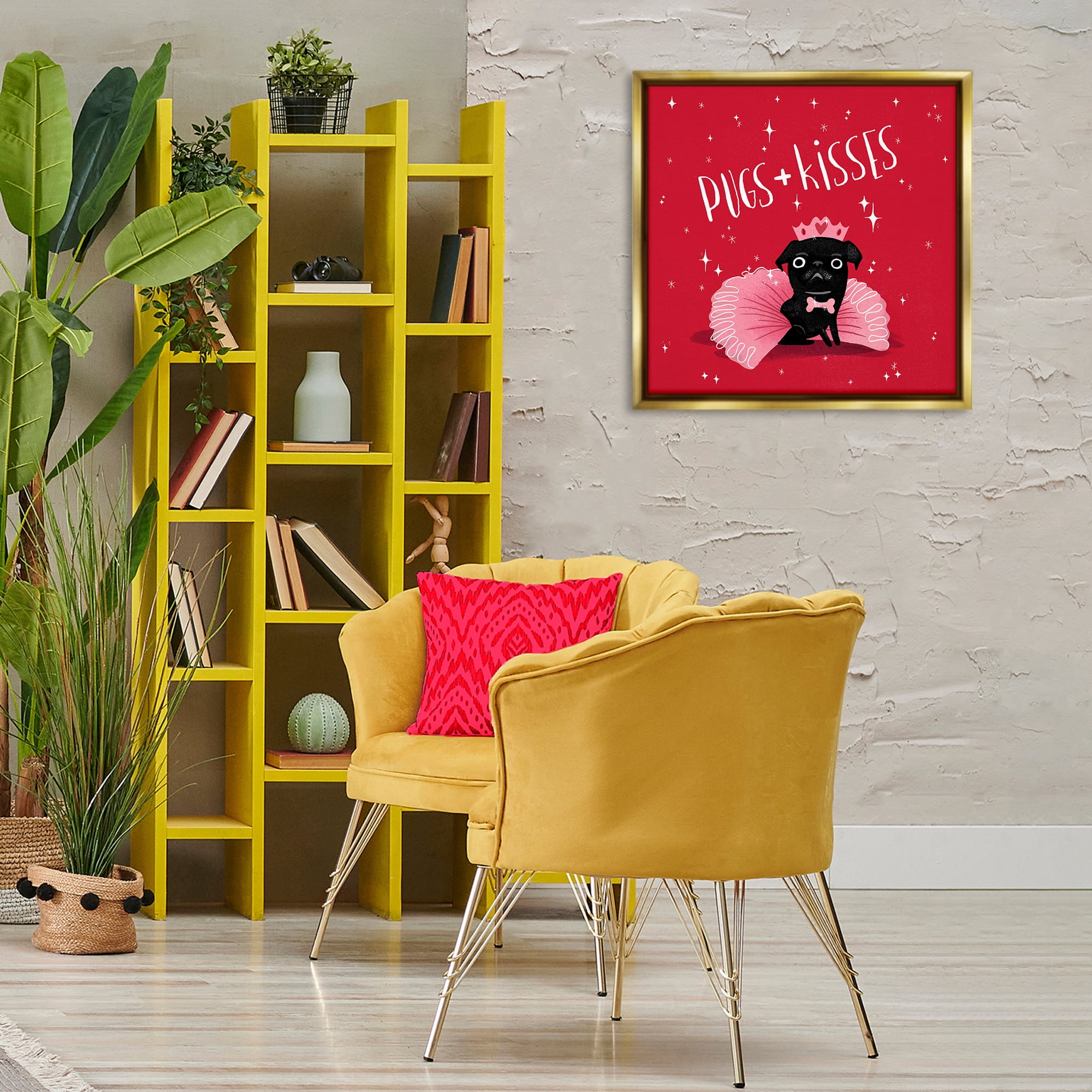 Stupell Industries Pugs & Kisses on Red Animals Painting Gold Floater Framed Canvas Art Print Wall Art, 25 x 25