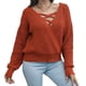 thumbnail image 1 of Suéter de punto cruzado con escote en V profundo - Suéter rojo de manga larga para mujer, talla L, 1 of 5