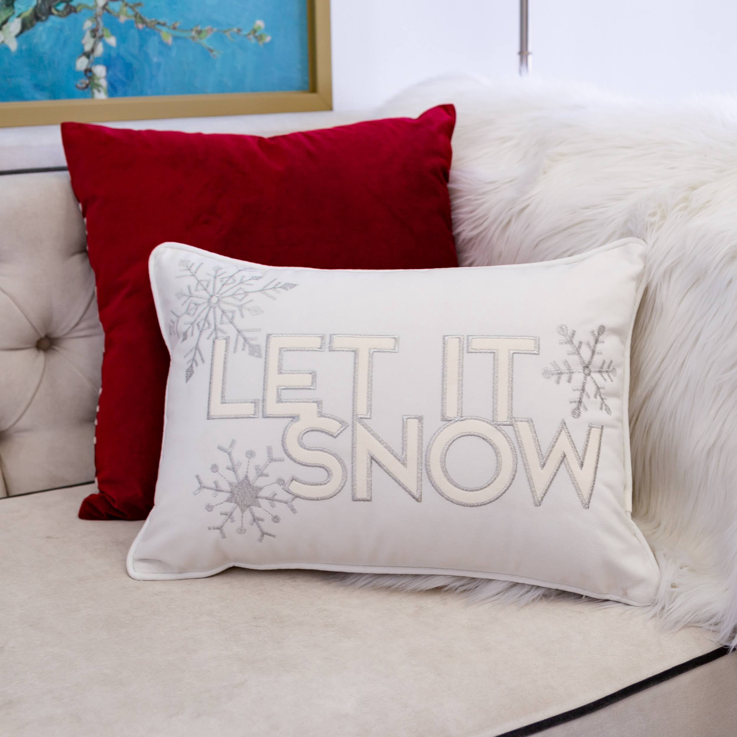 Let-It-Snow White and Ivory Embroidered Snowflake Graphic Polyester 14 in. x 20 in. Decorative Throw Pillow