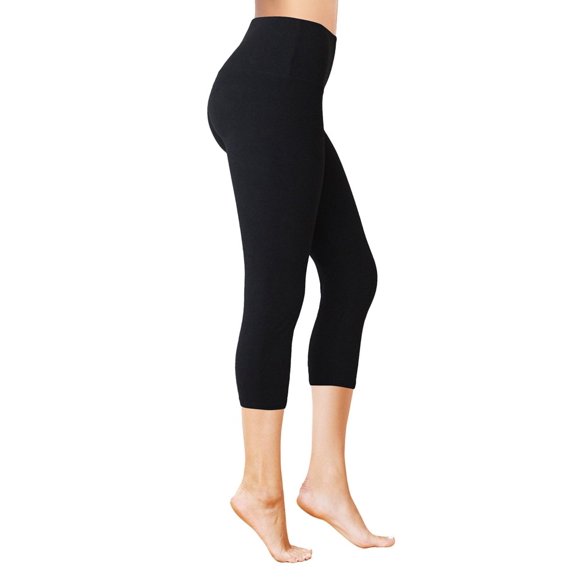 Leggings Confortables - Contrôle du Ventre Brossé Taille Haute 5 Pouces Capri et Shorts de Cycliste pour Femmes - Capri Noir - P-M-L