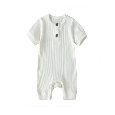 

Newborn Infant Baby Boy Girl Casual One Piece Jumpsuit Short Sleeve Solid Ribbed Knit Round Neck Bottom Button Romper 0-18 Months