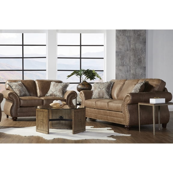 Faux Leather with Antique Bronze Nailheads / Transitional Style Sofa and Loveseat for Home Decor