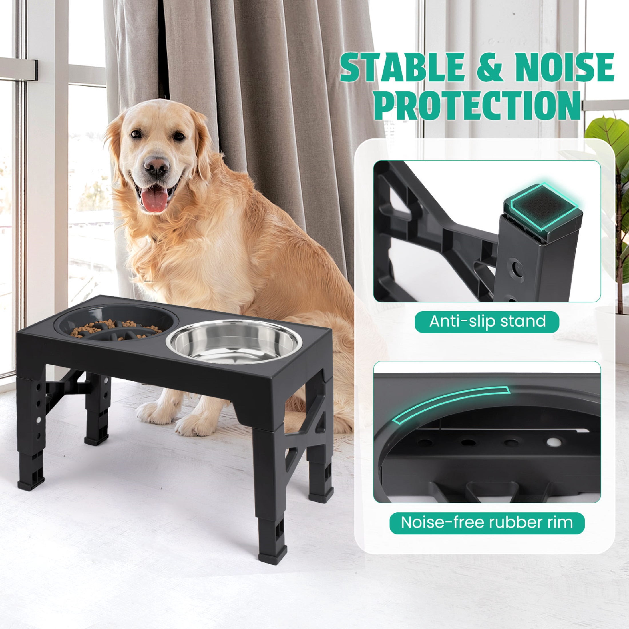 Heeyoo Adjustable Height Plastic Elevated Bowl with 2 Stainless Steel Dog Bowls for Dogs, Black