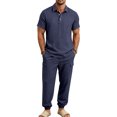 thumbnail image 4 of hotojiny Mens Summer 2 Piece Set Button Collared Short Sleeve Golf Shirt Cinch Bottoms Cargo Pants Walking Casual Outfits(Navy,Small), 4 of 7