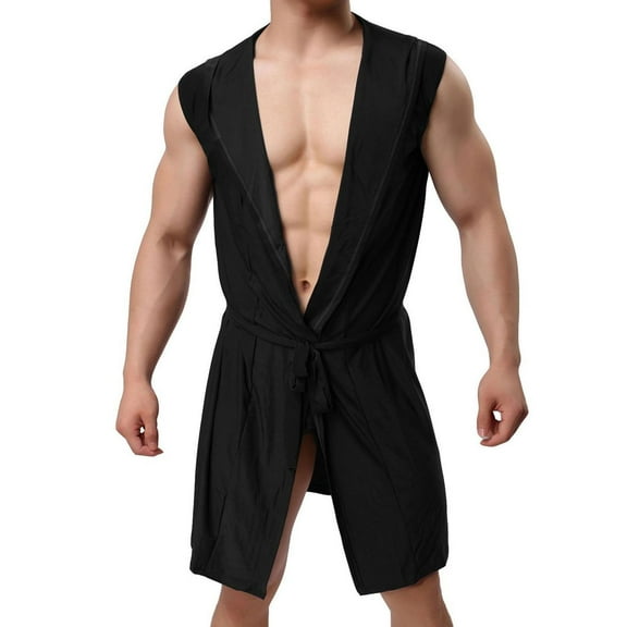 SWSMCLT Men's Hooded Kimono Robe Comfy Knee Length Sleeveless Bathrobe Lightweight Pajama Soft Summer Fall Spring Stretch Sleepwear Loose Black Small